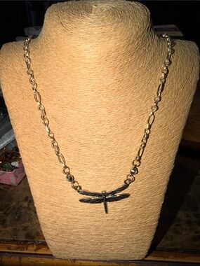 Silver-Tone Link Necklace with Dragon fly Pendant - wear long or short or double